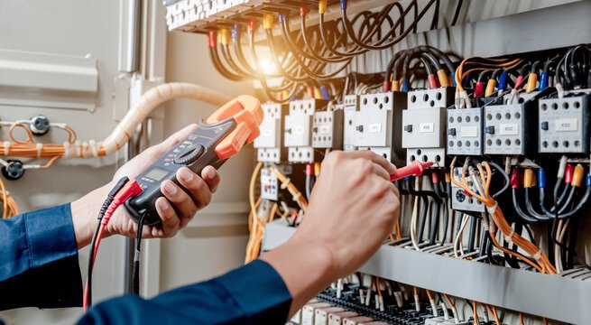 Electrician measuring current in a control cabinet with a clamp meter