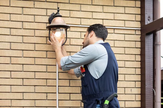 Electrician fitting a lantern-style exterior light to a brick wall