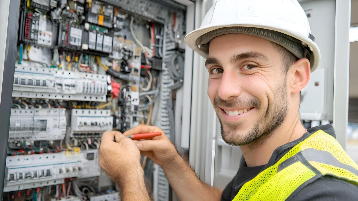 Friendly Fort Lauderdale electrician in a white hard hat servicing a breaker panel