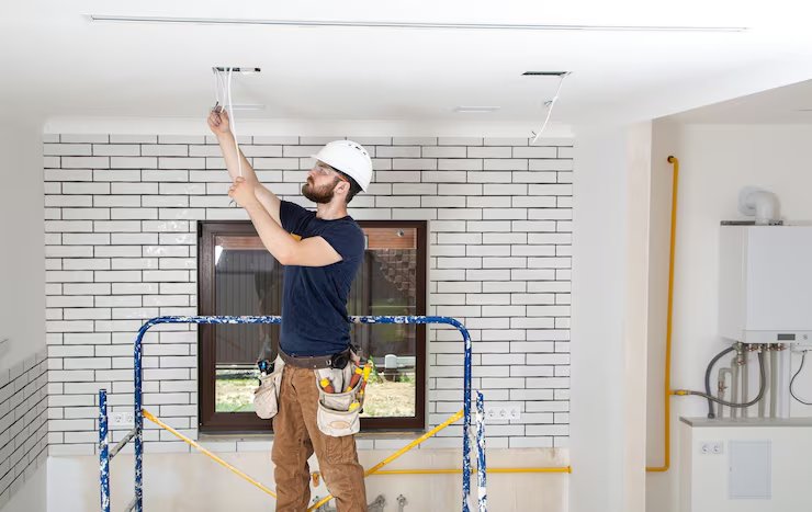 Electrician standing on scaffolding running new cable through a ceiling